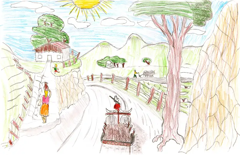 Drawing by a child showing the countryside