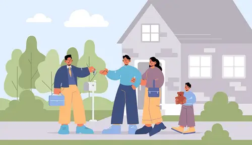 Cartoon of man handing keys to new homeowners